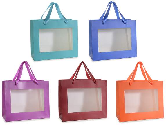 Grand sac en papier coloré avec anses en tissu et fenêtre