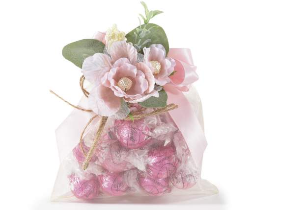 Bouquet avec fleur en tissu, tige et noeud en corde