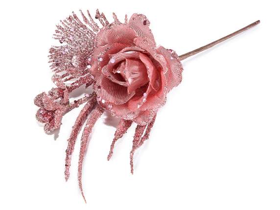 Rose artificielle en tissu avec bordure pailletée et feuille