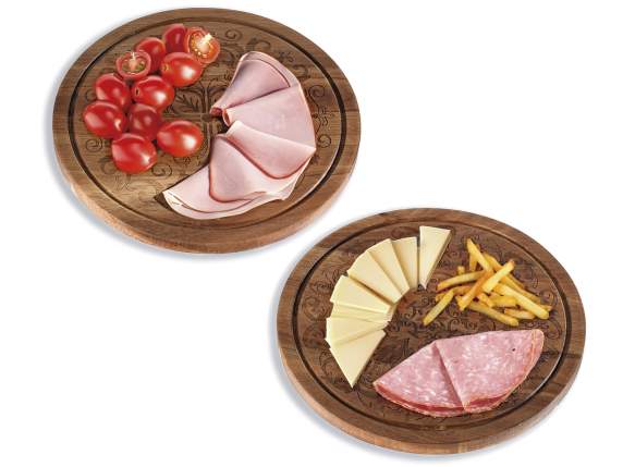 Planche à découper ronde en bois dacacia avec décor