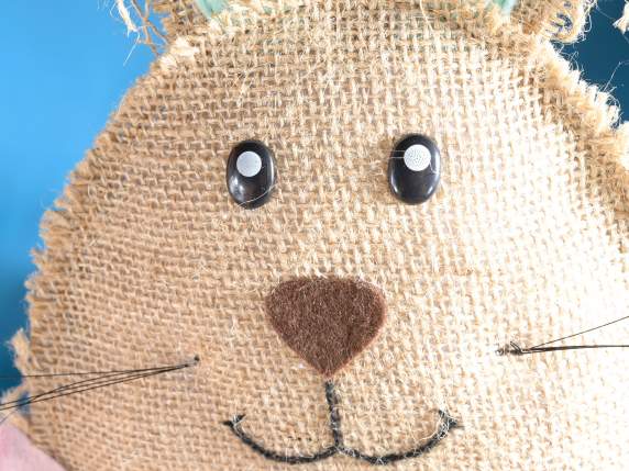 Porte-bonbons lapin en jute et tissu à suspendre