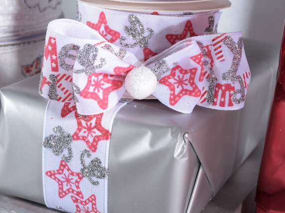 Ruban blanc moulable imprimé Noël paillettes argentées