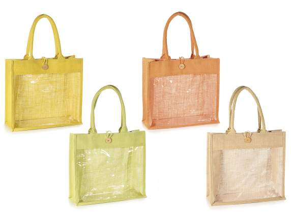 Sac en jute avec fenêtre, poignées en corde et bouton