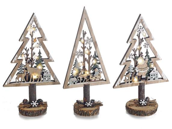 Sapin de Noël en bois naturel avec lumières LED à poser
