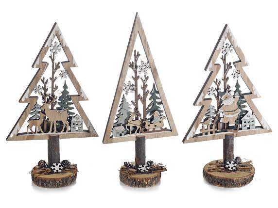 Sapin de Noël en bois naturel avec lumières LED à poser