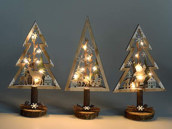 Sapin de Noël en bois naturel avec lumières LED à poser
