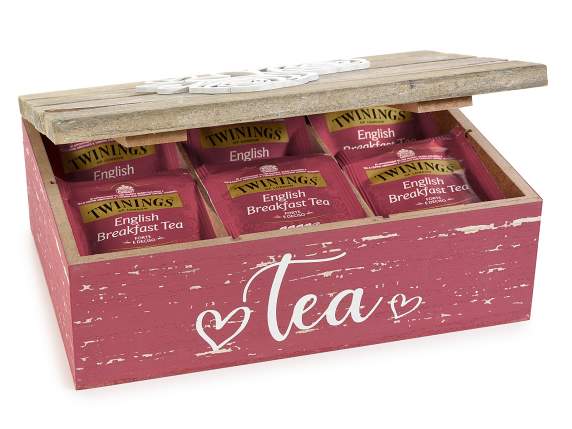 Boîte à thé en bois avec décor embossé Roses - Coeurs 6 co