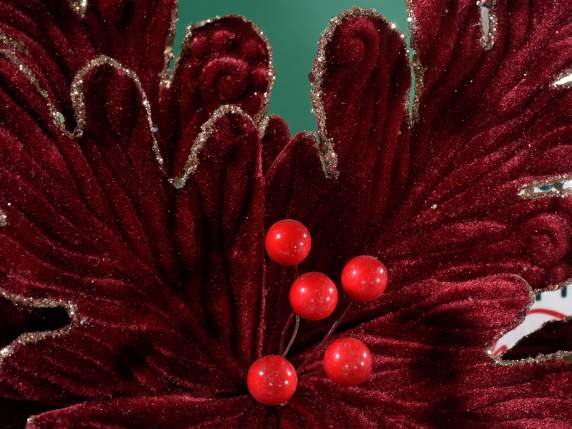 Poinsettia en tissu avec bordure à paillettes dorées et baie