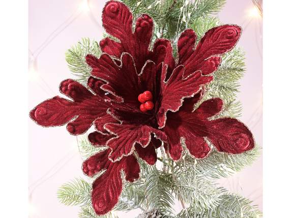 Poinsettia en tissu avec bordure à paillettes dorées et baie