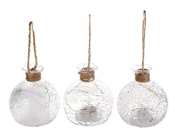 Boule en verre décoré avec lumière led et corde à suspendre