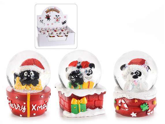 Boule à neige avec animaux de Noël sur socle en résine
