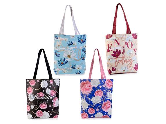 Borsa in similpelle stoffa con zip e stampa Fiori e catene