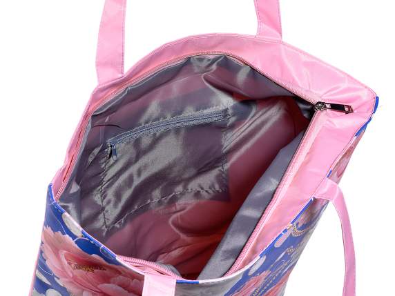 Borsa in similpelle stoffa con zip e stampa Fiori e catene