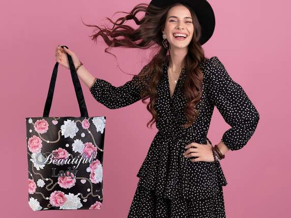 Borsa in similpelle stoffa con zip e stampa Fiori e catene