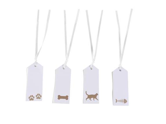 Confezione 50 tag in carta bianca stampa PETS e nastro raso