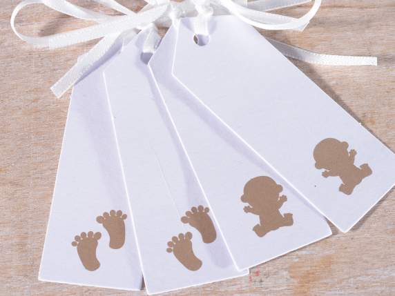 Confezione 50 tag carta bianca stampa Nascita e nastro raso