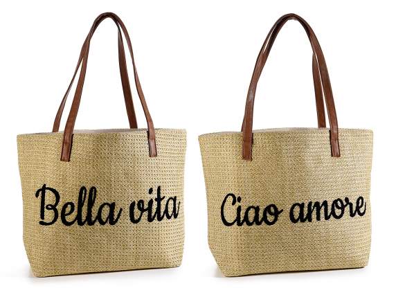 Borsa in stoffa intrecciata c-manici similpelle chiusura zip