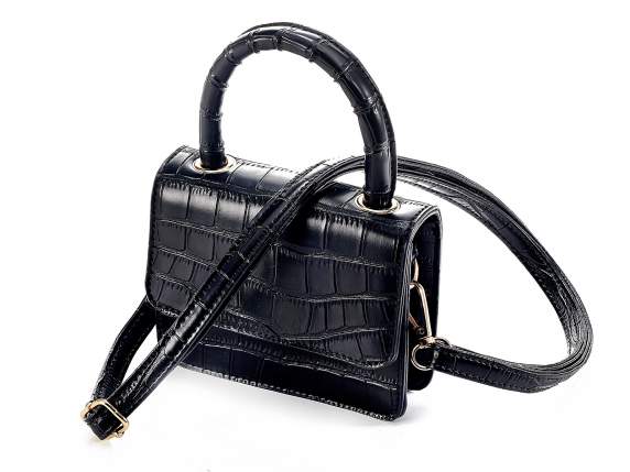 Mini bag a mano in similpelle nera effetto coccodrillo