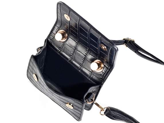 Mini bag a mano in similpelle nera effetto coccodrillo