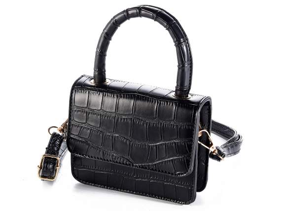 Mini bag a mano in similpelle nera effetto coccodrillo