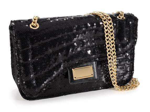 Borsa paillettes nera c-tracolla catena e chiusura magnetica