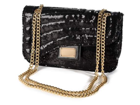 Borsa paillettes nera c-tracolla catena e chiusura magnetica