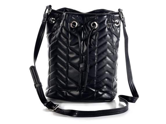Borsa secchiello nera similpelle trapuntata c-tracolla