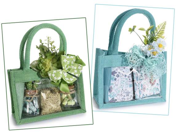 Borsa in juta con finestra, manici corda e chiusura bottone