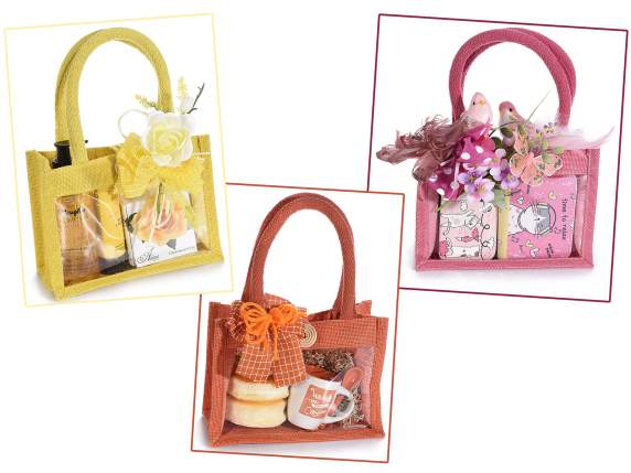 Borsa in juta con finestra, manici corda e chiusura bottone