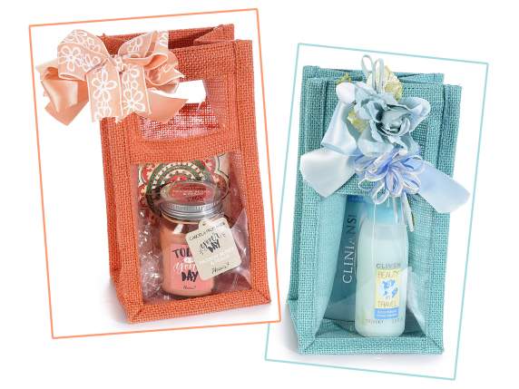 Borsetta in juta colorata con manici e finestra