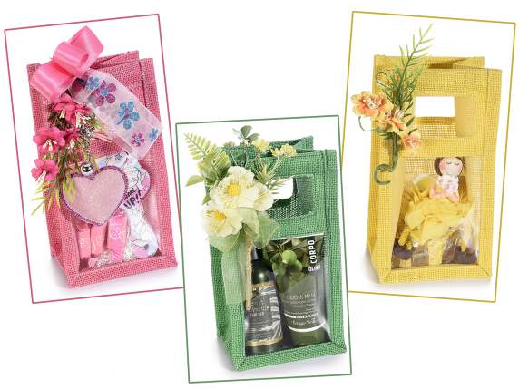 Borsetta in juta colorata con manici e finestra