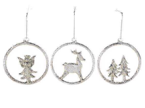 Decorazione natalizia vetro con glitter argento da appendere
