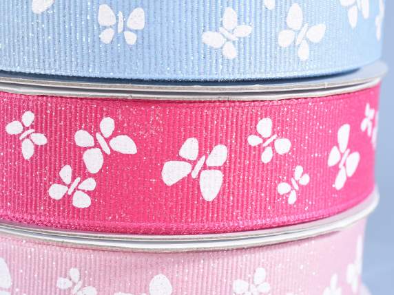Nastro in grosgrain con farfalle glitter