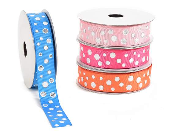 Nastro in grosgrain con pois in argento e bianco