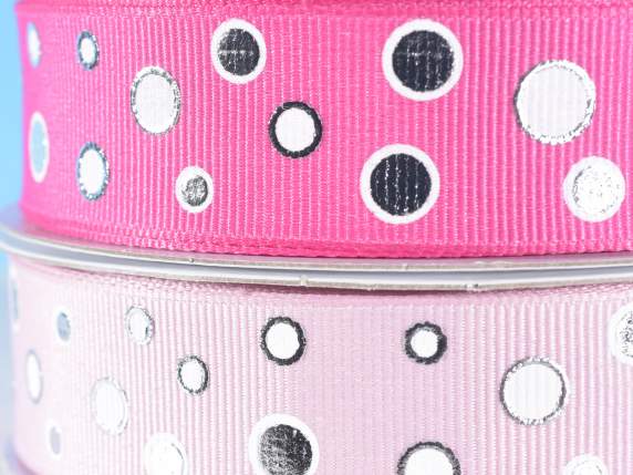 Nastro in grosgrain con pois in argento e bianco