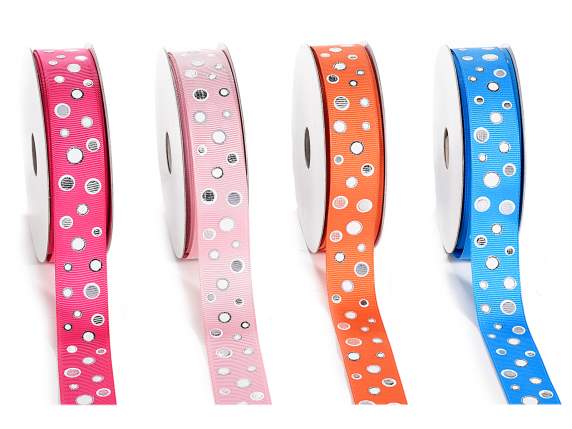 Nastro in grosgrain con pois in argento e bianco