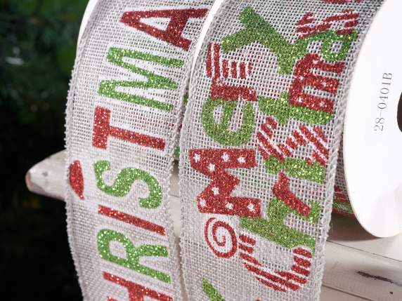 Nastro Merry Christmas effetto juta modellabile con glitter