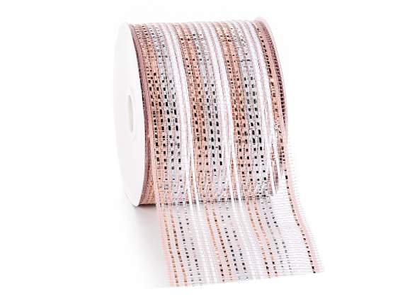 Nastro-Rotolo rete decorativa rosa e argento c-inserti lamé