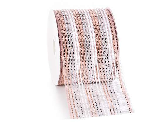 Nastro-Rotolo rete decorativa rosa e argento c-inserti lamé