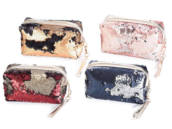 Pochette stoffa c-paillettes opache reversibili,zip e laccio