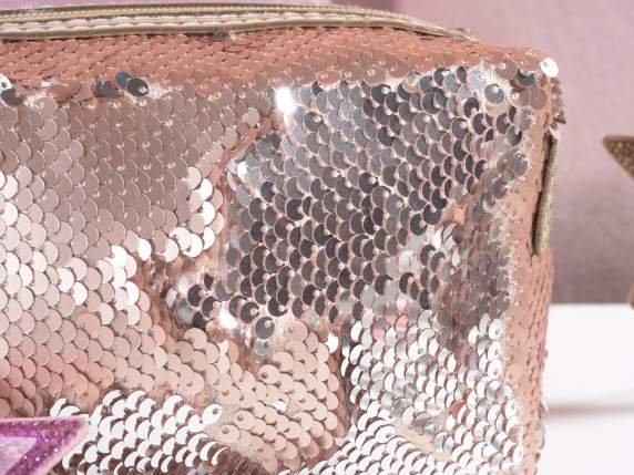 Pochette stoffa c-paillettes opache reversibili,zip e laccio