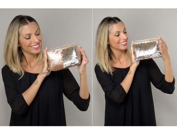 Pochette stoffa c-paillettes opache reversibili,zip e laccio