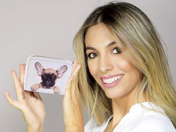 Portafoglio donna in similpelle con zip stampa Cuccioli