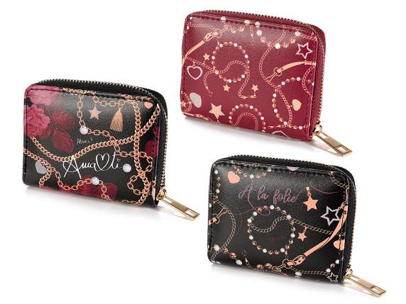 Portafoglio donna in similpelle con zip e stampa Fashion