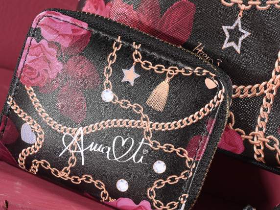 Portafoglio donna in similpelle con zip e stampa Fashion