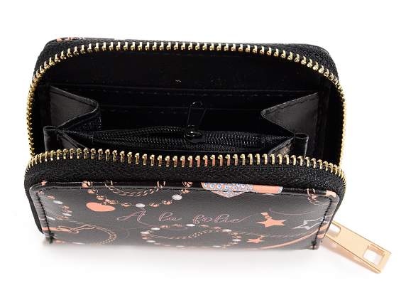 Portafoglio donna in similpelle con zip e stampa Fashion