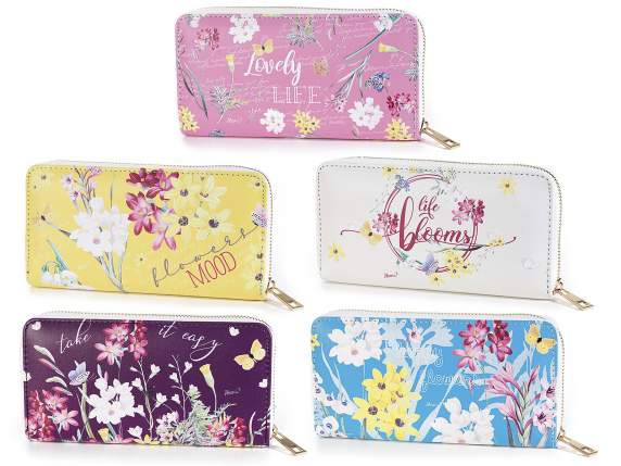 Portafoglio donna in similpelle con zip stampa floreale