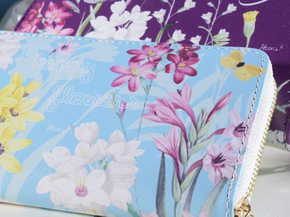 Portafoglio donna in similpelle con zip stampa floreale