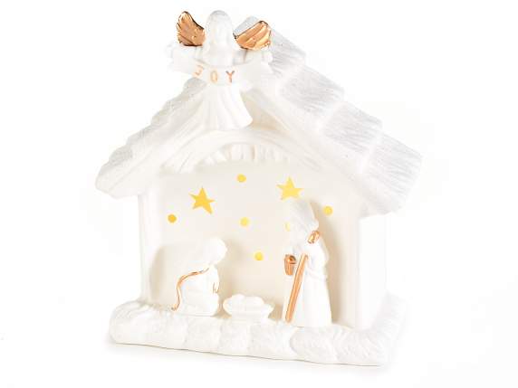 Presepe ceramica bianca c-glitter, luci led e decori dorati