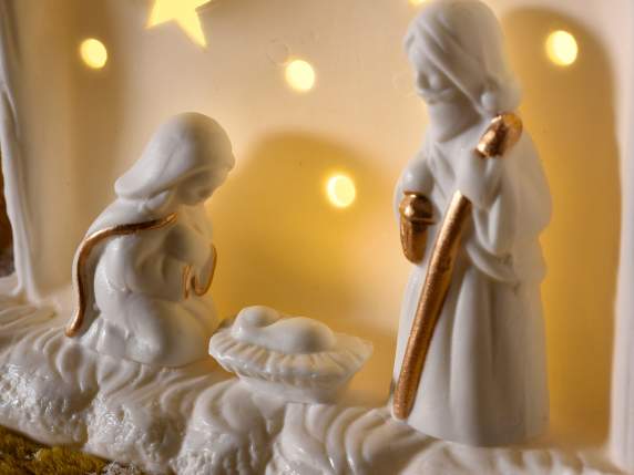 Presepe ceramica bianca c-glitter, luci led e decori dorati